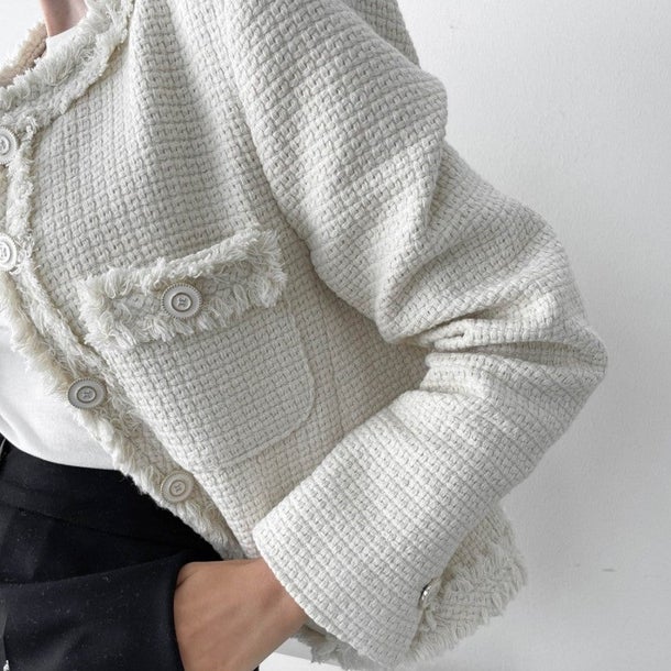 ノーカラーツイードジャケット 6496-ivory_即納6496-画像5-韓国ファッション通販POPREA［ポップリア］