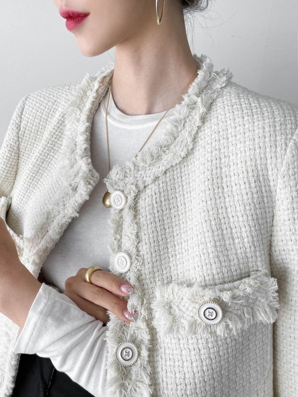 ノーカラーツイードジャケット 6496-ivory_即納6496-画像6-韓国ファッション通販POPREA［ポップリア］