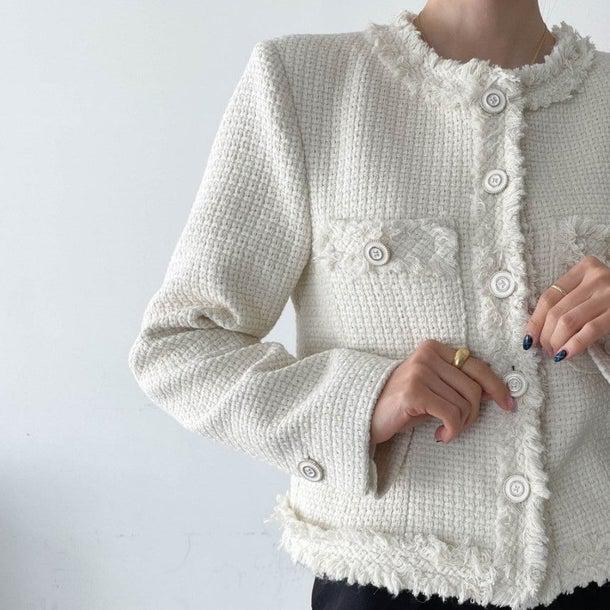 ノーカラーツイードジャケット 6496-ivory_即納6496-画像7-韓国ファッション通販POPREA［ポップリア］