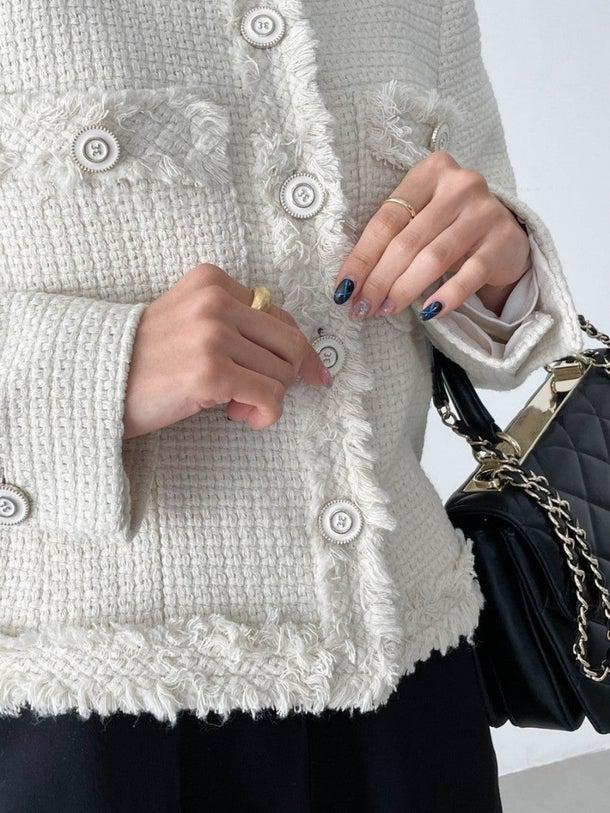 ノーカラーツイードジャケット 6496-ivory_即納6496-画像8-韓国ファッション通販POPREA［ポップリア］