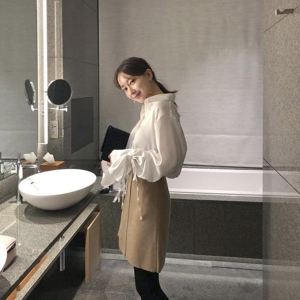 シルクタッチリボンスリーブシャツ 6703-white_即納6703-画像11-韓国ファッション通販POPREA［ポップリア］