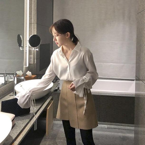 シルクタッチリボンスリーブシャツ 6703-white_即納6703-画像12-韓国ファッション通販POPREA［ポップリア］