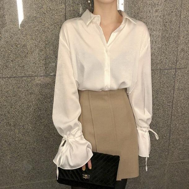 シルクタッチリボンスリーブシャツ 6703-white_即納6703-画像2-韓国ファッション通販POPREA［ポップリア］