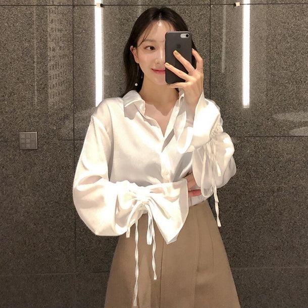 シルクタッチリボンスリーブシャツ 6703-white_即納6703-画像3-韓国ファッション通販POPREA［ポップリア］