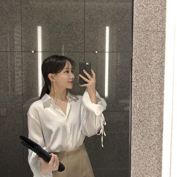 シルクタッチリボンスリーブシャツ 6703-white_即納6703-画像4-韓国ファッション通販POPREA［ポップリア］