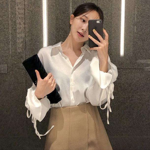 シルクタッチリボンスリーブシャツ 6703-white_即納6703-画像5-韓国ファッション通販POPREA［ポップリア］