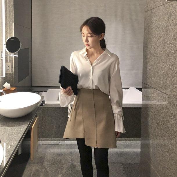 シルクタッチリボンスリーブシャツ 6703-white_即納6703-画像7-韓国ファッション通販POPREA［ポップリア］