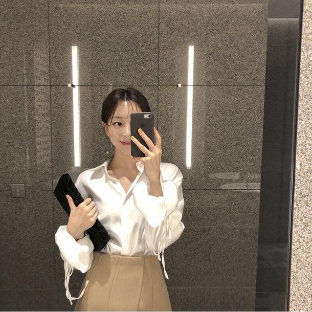 シルクタッチリボンスリーブシャツ 6703-white_即納6703-画像8-韓国ファッション通販POPREA［ポップリア］