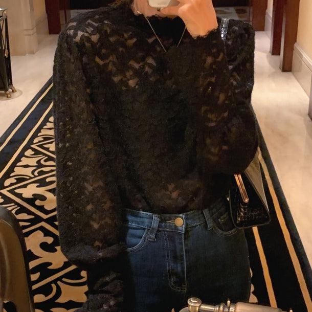 フラワーレーストップス 6788-black_即納6788-画像2-韓国ファッション通販POPREA［ポップリア］