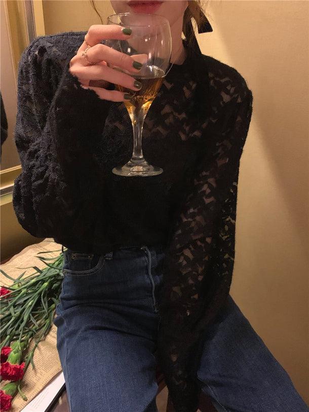 フラワーレーストップス 6788-black_即納6788-画像4-韓国ファッション通販POPREA［ポップリア］