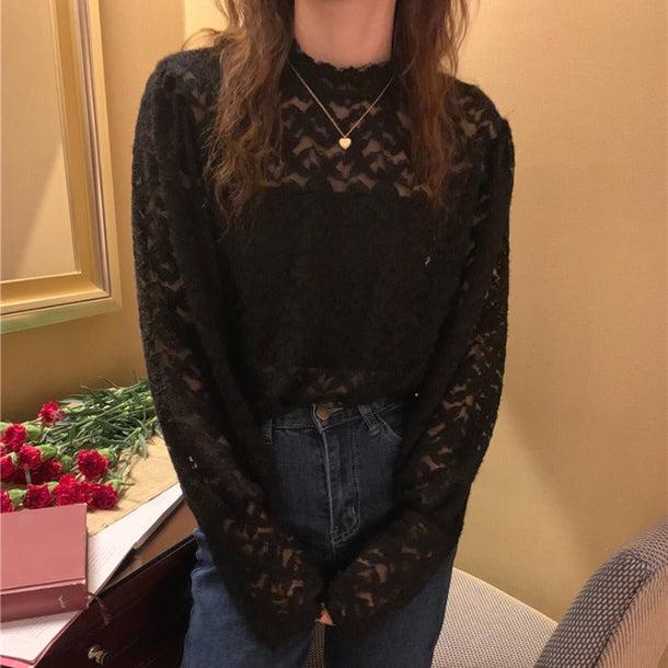 フラワーレーストップス 6788-black_即納6788-画像1-韓国ファッション通販POPREA［ポップリア］