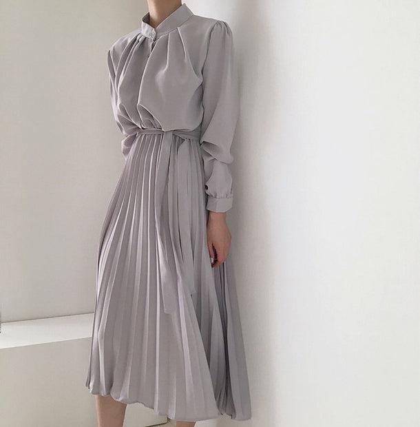 プリーツスカートノーカラーシャツワンピ 6415-gray_即納6415-画像10-韓国ファッション通販POPREA［ポップリア］