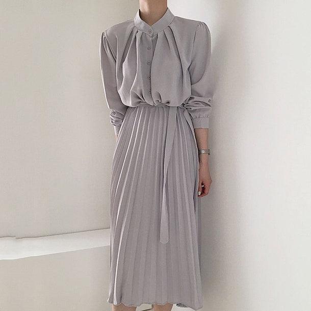 プリーツスカートノーカラーシャツワンピ 6415-gray_即納6415-画像2-韓国ファッション通販POPREA［ポップリア］