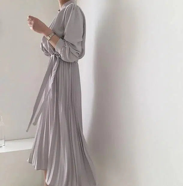 プリーツスカートノーカラーシャツワンピ 6415-gray_即納6415-画像6-韓国ファッション通販POPREA［ポップリア］