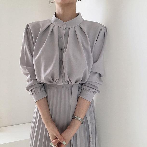 プリーツスカートノーカラーシャツワンピ 6415-gray_即納6415-画像8-韓国ファッション通販POPREA［ポップリア］