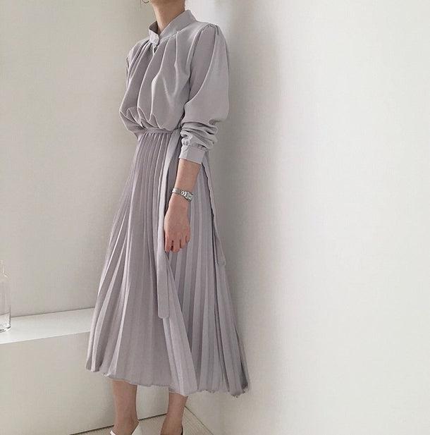 プリーツスカートノーカラーシャツワンピ 6415-gray_即納6415-画像9-韓国ファッション通販POPREA［ポップリア］
