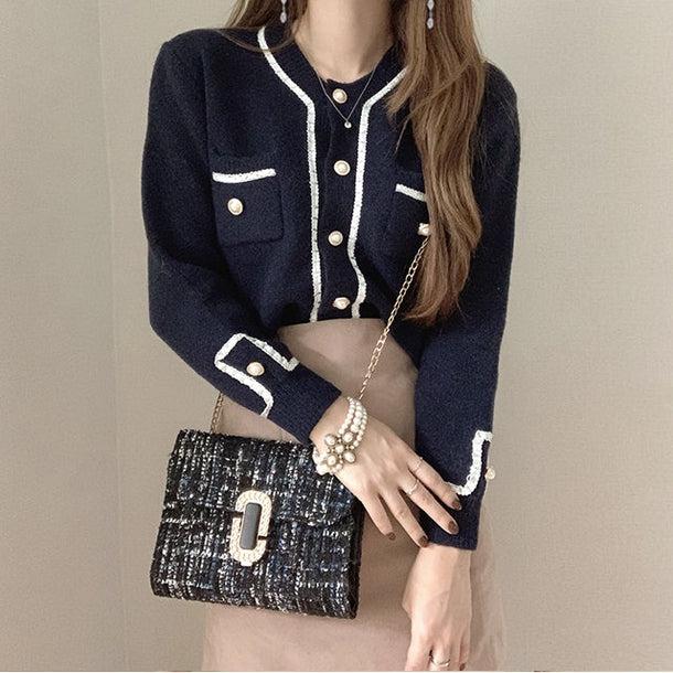 パール調ボタンラメラインカーディガン 6545-black_即納6545-画像3-韓国ファッション通販POPREA［ポップリア］