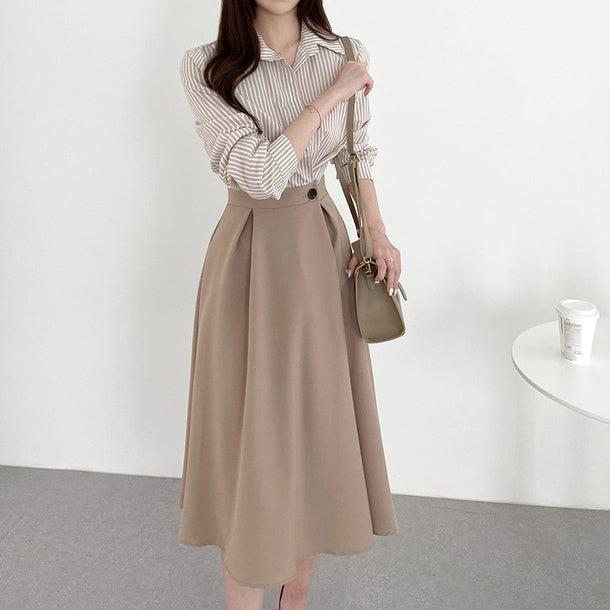 ストライプシャツハイウエストワンピース 6482-beige_即納6482-画像3-韓国ファッション通販POPREA［ポップリア］