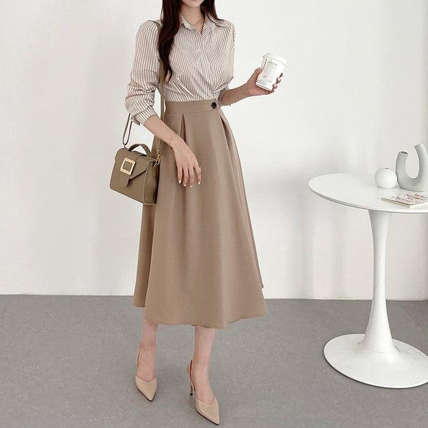 ストライプシャツハイウエストワンピース 6482-beige_即納6482-画像4-韓国ファッション通販POPREA［ポップリア］