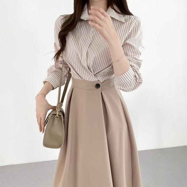 ストライプシャツハイウエストワンピース 6482-beige_即納6482-画像7-韓国ファッション通販POPREA［ポップリア］