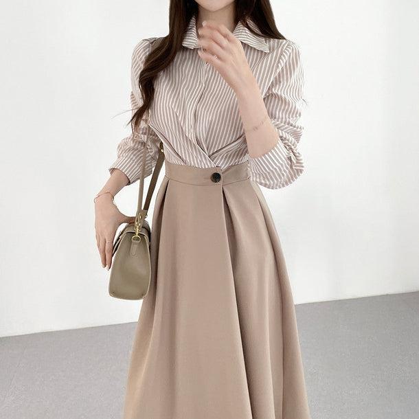 ストライプシャツハイウエストワンピース 6482-beige_即納6482-画像1-韓国ファッション通販POPREA［ポップリア］