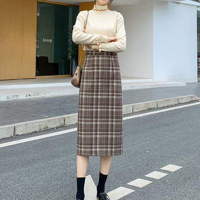 バックスリットコーヒーチェックミディスカート 6552-coffee_即納6552-画像2-韓国ファッション通販POPREA［ポップリア］