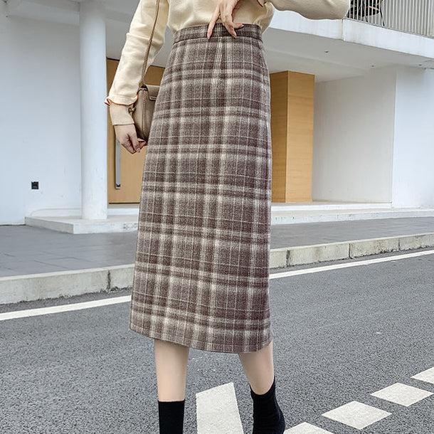 バックスリットコーヒーチェックミディスカート 6552-coffee_即納6552-画像3-韓国ファッション通販POPREA［ポップリア］