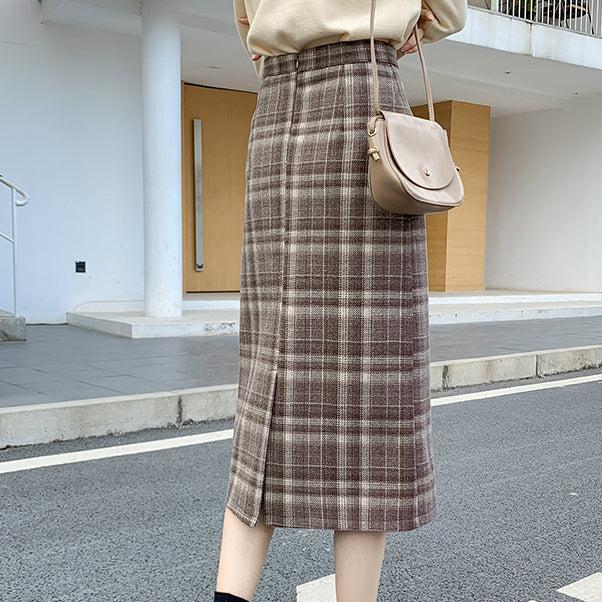 バックスリットコーヒーチェックミディスカート 6552-coffee_即納6552-画像4-韓国ファッション通販POPREA［ポップリア］