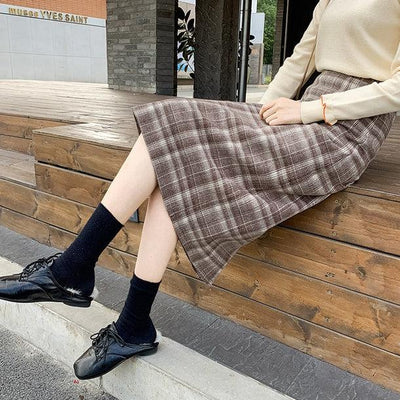 バックスリットコーヒーチェックミディスカート 6552-coffee_即納6552-画像5-韓国ファッション通販POPREA［ポップリア］