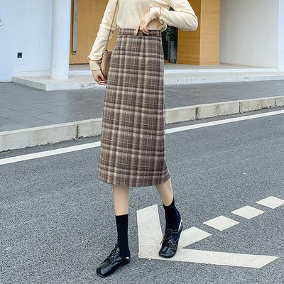 バックスリットコーヒーチェックミディスカート 6552-coffee_即納6552-画像6-韓国ファッション通販POPREA［ポップリア］