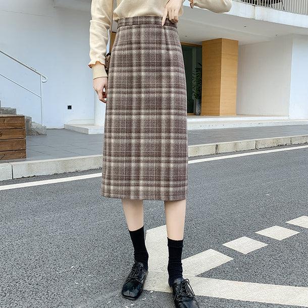 バックスリットコーヒーチェックミディスカート 6552-coffee_即納6552-画像7-韓国ファッション通販POPREA［ポップリア］