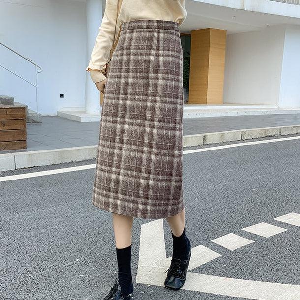 バックスリットコーヒーチェックミディスカート 6552-coffee_即納6552-画像1-韓国ファッション通販POPREA［ポップリア］