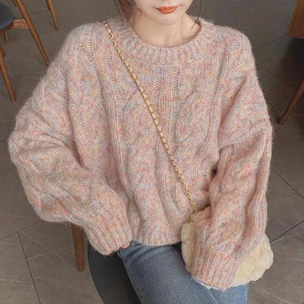 ラウンドネックツイストケーブルルーズニット 6537-pink_即納6537-画像2-韓国ファッション通販POPREA［ポップリア］