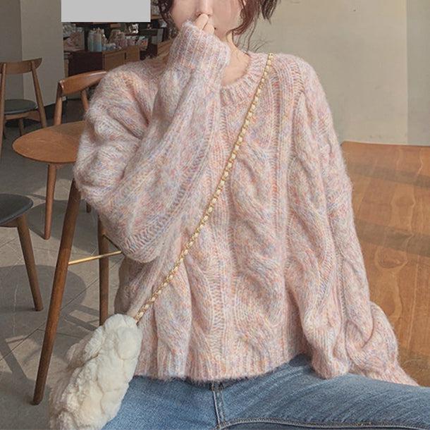 ラウンドネックツイストケーブルルーズニット 6537-pink_即納6537-画像5-韓国ファッション通販POPREA［ポップリア］