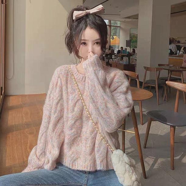 ラウンドネックツイストケーブルルーズニット 6537-pink_即納6537-画像6-韓国ファッション通販POPREA［ポップリア］