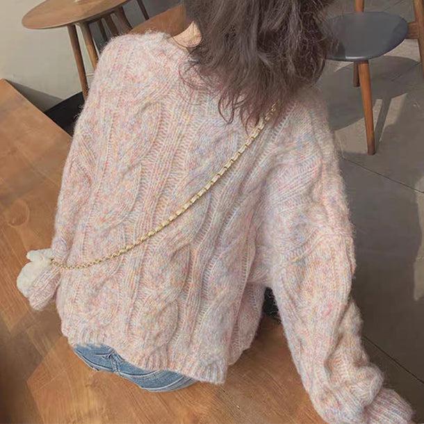 ラウンドネックツイストケーブルルーズニット 6537-pink_即納6537-画像7-韓国ファッション通販POPREA［ポップリア］