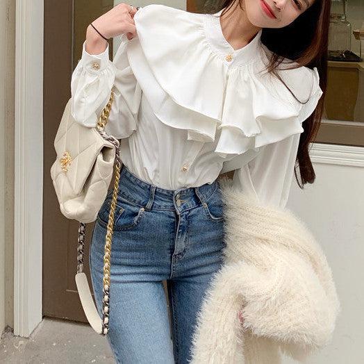 フラワーボタンフリルブラウス﻿﻿ 6569-white_即納6569-画像10-韓国ファッション通販POPREA［ポップリア］