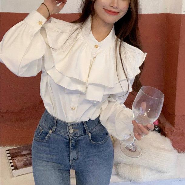 フラワーボタンフリルブラウス﻿﻿ 6569-white_即納6569-画像2-韓国ファッション通販POPREA［ポップリア］