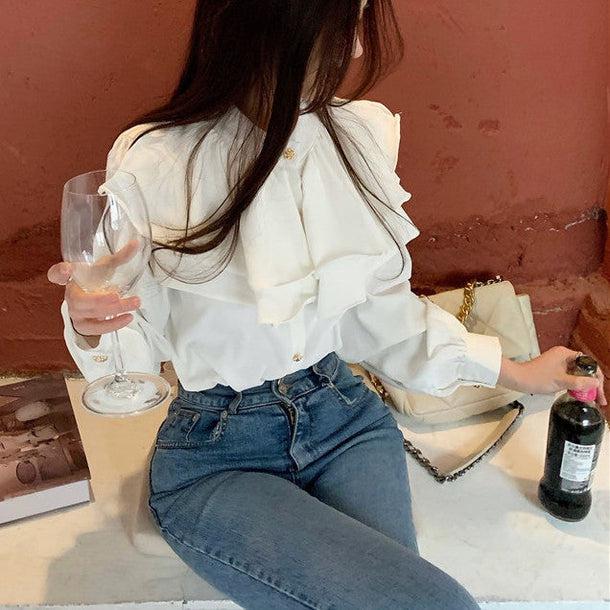 フラワーボタンフリルブラウス﻿﻿ 6569-white_即納6569-画像3-韓国ファッション通販POPREA［ポップリア］