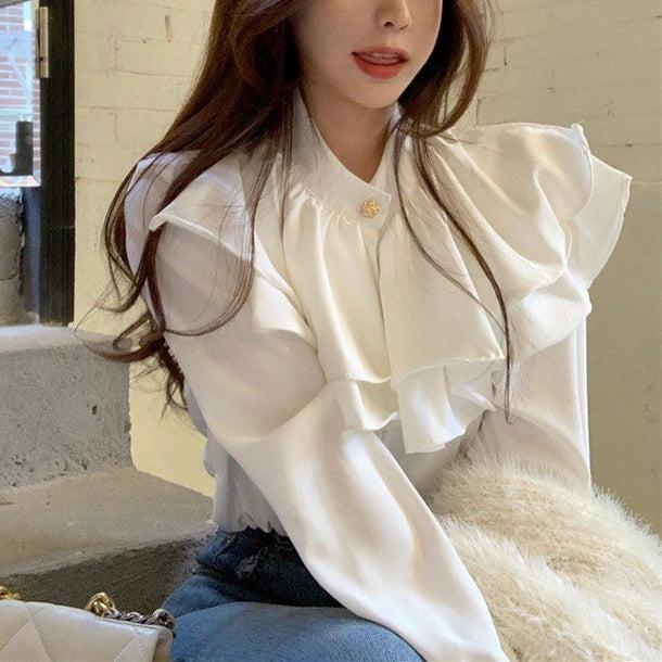 フラワーボタンフリルブラウス﻿﻿ 6569-white_即納6569-画像4-韓国ファッション通販POPREA［ポップリア］