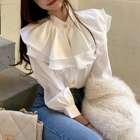 フラワーボタンフリルブラウス﻿﻿ 6569-white_即納6569-画像5-韓国ファッション通販POPREA［ポップリア］