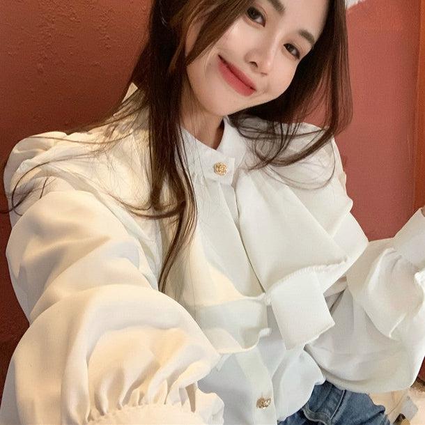 フラワーボタンフリルブラウス﻿﻿ 6569-white_即納6569-画像6-韓国ファッション通販POPREA［ポップリア］