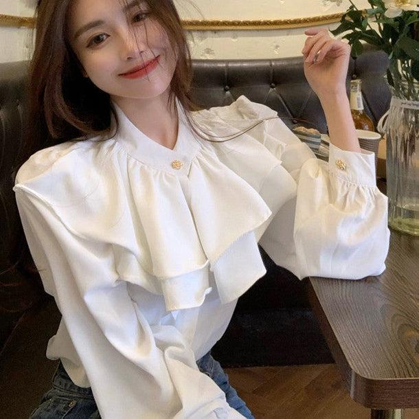 フラワーボタンフリルブラウス﻿﻿ 6569-white_即納6569-画像7-韓国ファッション通販POPREA［ポップリア］