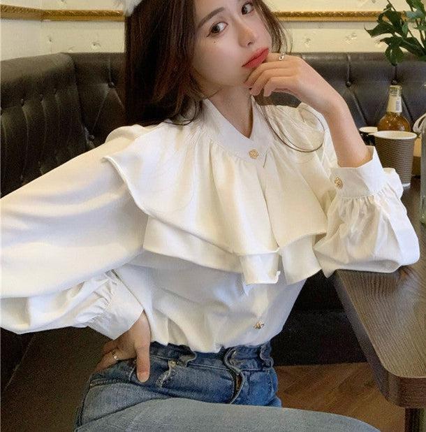 フラワーボタンフリルブラウス﻿﻿ 6569-white_即納6569-画像8-韓国ファッション通販POPREA［ポップリア］