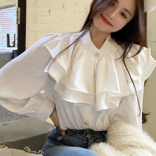 フラワーボタンフリルブラウス﻿﻿ 6569-white_即納6569-画像9-韓国ファッション通販POPREA［ポップリア］