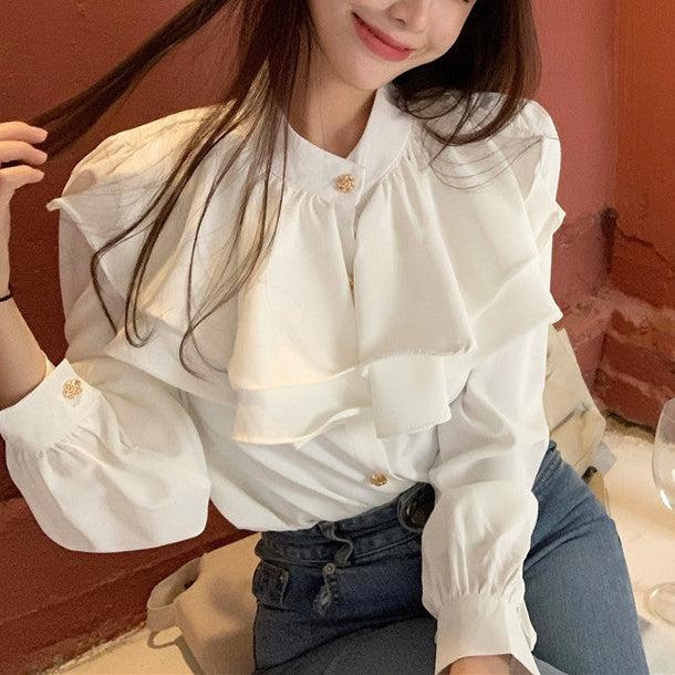 フラワーボタンフリルブラウス﻿﻿ 6569-white_即納6569-画像1-韓国ファッション通販POPREA［ポップリア］