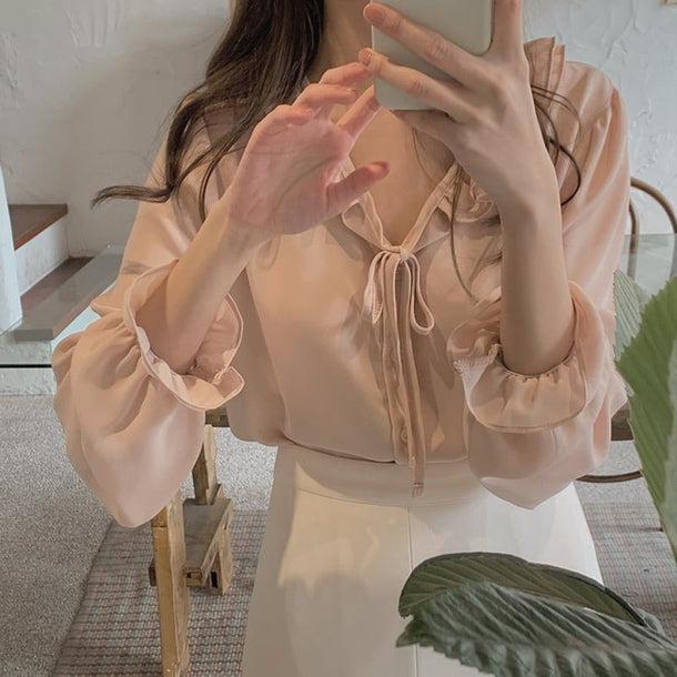 いちごオレフリルブラウス 6784-pink_即納6784-画像2-韓国ファッション通販POPREA［ポップリア］