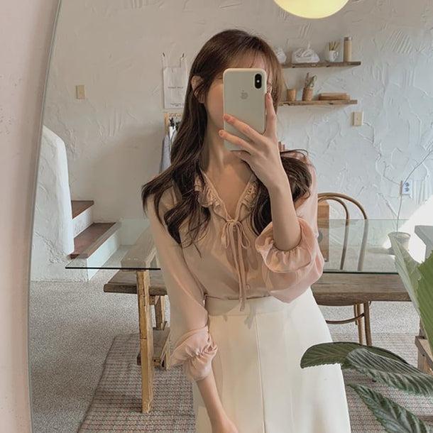 いちごオレフリルブラウス 6784-pink_即納6784-画像3-韓国ファッション通販POPREA［ポップリア］