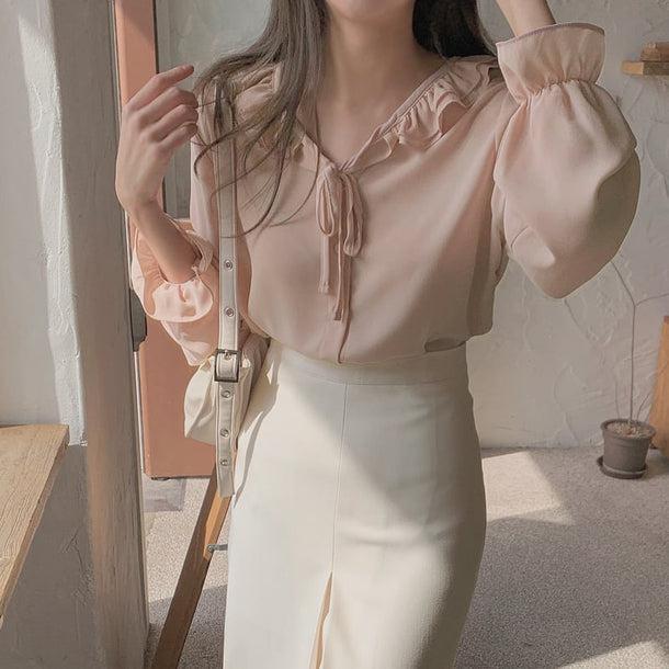 いちごオレフリルブラウス 6784-pink_即納6784-画像4-韓国ファッション通販POPREA［ポップリア］