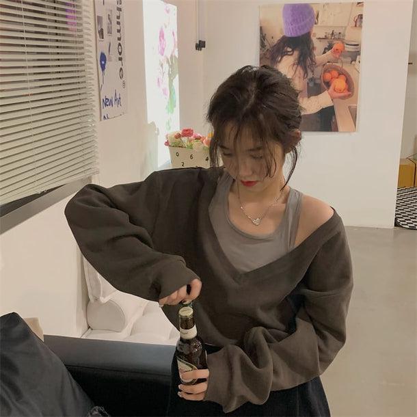 タンクトップオフショルトレーナー 6543-brown_即納6543-画像2-韓国ファッション通販POPREA［ポップリア］